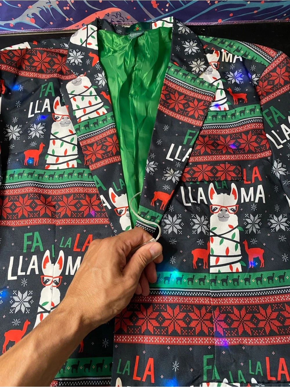 Festive Llama Print Holiday Blazer - Green Lining